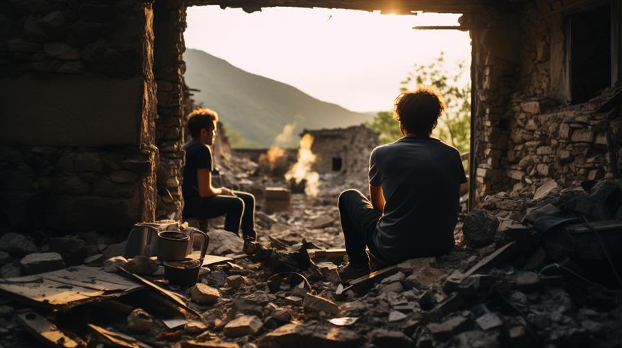 AI-generated image of people sitting amid earthquake rubble